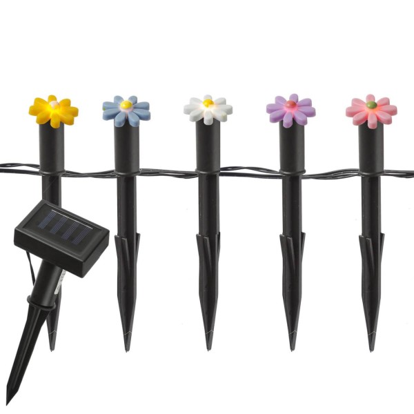 LED Solar Lichterkette Blumen - 5 Gartenstecker mit bunten Blümchen - L: 1,2m H: 17cm - Lichtsensor