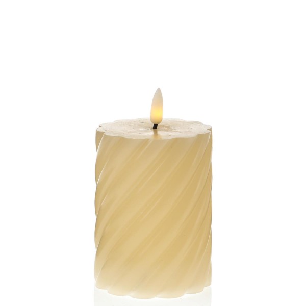 LED Stumpenkerze TWIST - Echtwachs - warmweiße 3D Flamme - H: 12,5cm - Batterie - Timer - creme