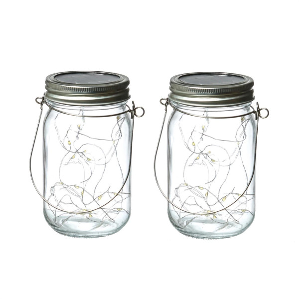 LED Solar Gläser - Windlichter mit Drahtlichterkette - Lichtsensor - H: 13cm - transparent - 2 Stück