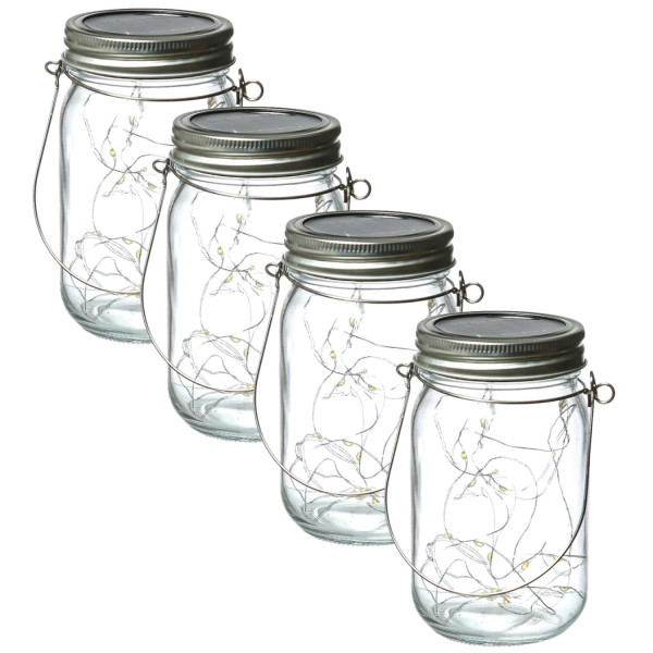 LED Solar Gläser - Windlichter mit Drahtlichterkette - Lichtsensor - H: 13cm - transparent - 4 Stück