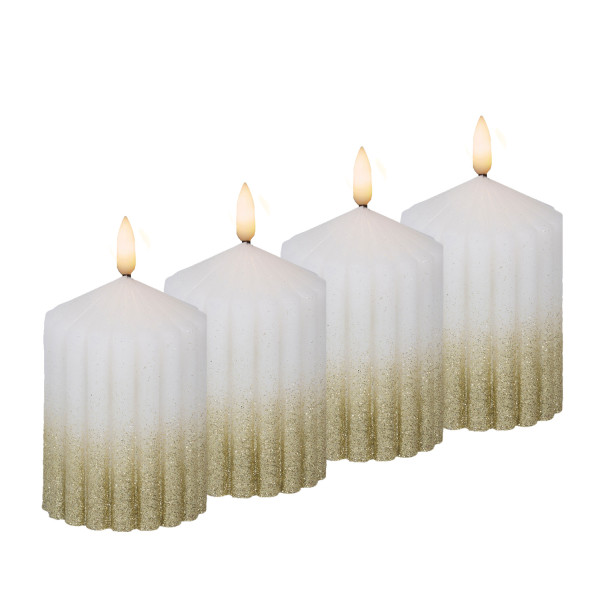LED Kerzenset LIV - gerillt - Echtwachs - H: 10cm - D: 7cm - Timer - weiß/gold - 4er Set