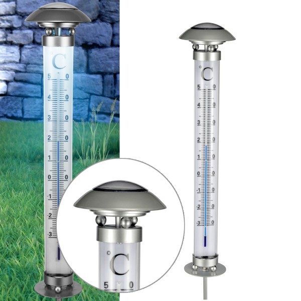 LED Solar Thermometer CELSIUS - kaltweiße LED - H: 112cm - Dämmerungssensor - Erdspieß - silber
