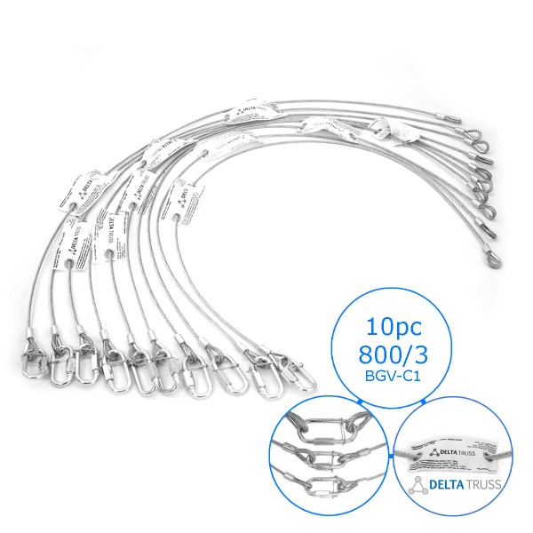 Sicherheitsfangseil 800x3mm - 10er Set - Safety nach BGV-C1 bis 5kg Safety Stahlseil als Absturzsicherung in der Veranstaltungstechnik - Fallsicherung