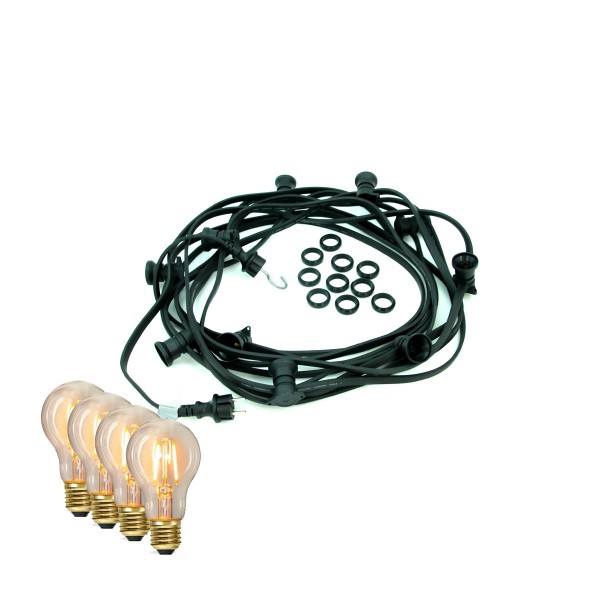 ILLU-Lichterkette BLACKY - 10m - 10xE27 | IP44 | warmweiße EDISON LED Filamentlampen | SATISFIRE