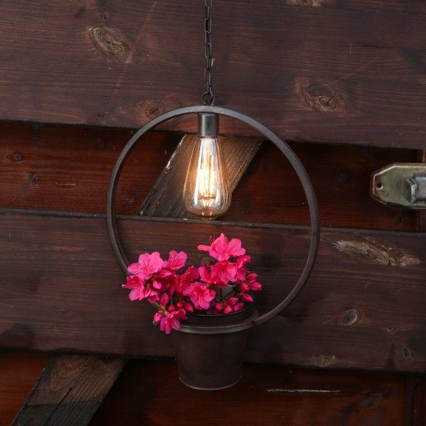 LED Hängeleuchte Blumentopf - beleuchteter Pflanztopf - H: 93cm - Batterie - für Außen - braun