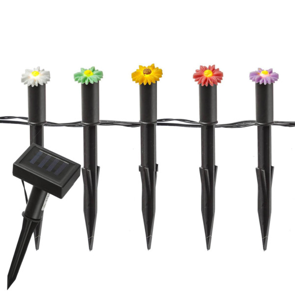 LED Solar Lichterkette Blumen - 5 Gartenstecker mit bunten Blümchen - L: 1,2m H: 17cm - Lichtsensor