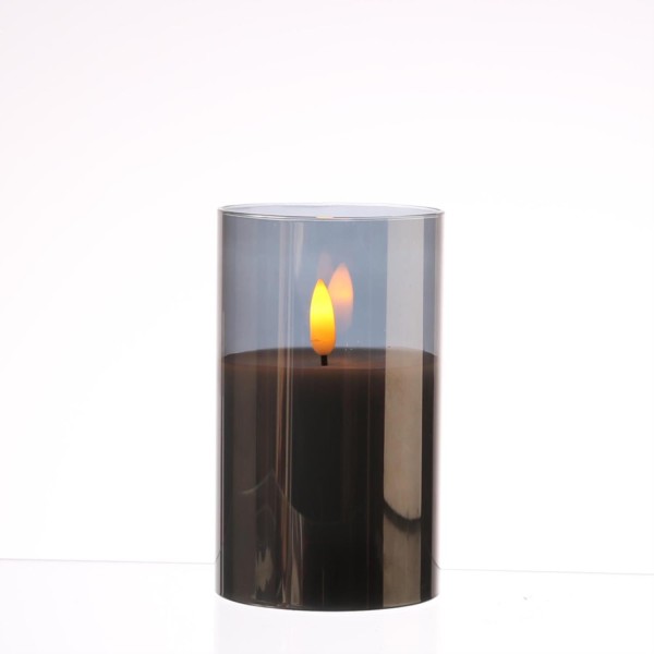 LED Kerze im Glas - Windlicht - Echtwachs - 3D Flamme - Timer - H: 12,5cm - D: 7,5cm - rauchgrau