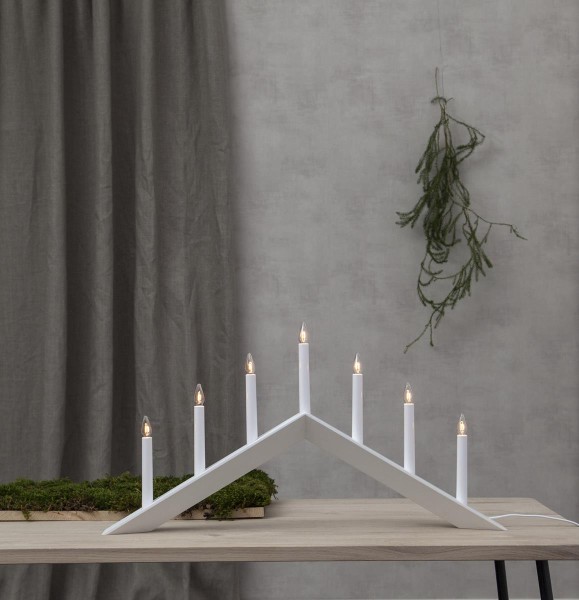 B-Ware Fensterleuchter ARROW - 7 warmweiße Glühlampen - L: 69cm, H: 36cm - Holz - Schalter - Weiß
