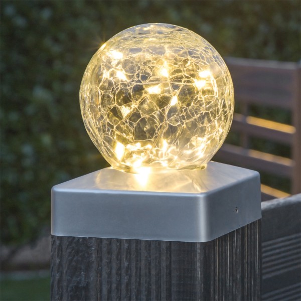 LED Solar Zaunbeleuchtung CRACKLE - gebrochenes Glas - 10 warmweiße LED - H: 12,5cm - quadratisch