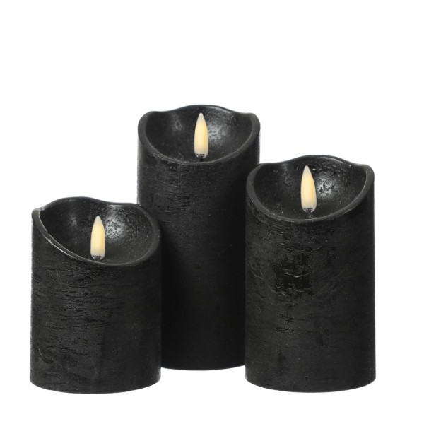 LED Kerzenset FLAMME - Rustik-Optik - Echtwachs - 3D Flamme - 3 Größen - Timer - schwarz- 3er Set