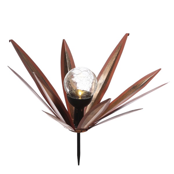 LED Solar Gartenstecker Seerose - Blume mit Metallblättern - warmweiße LED - H: 39cm - rot