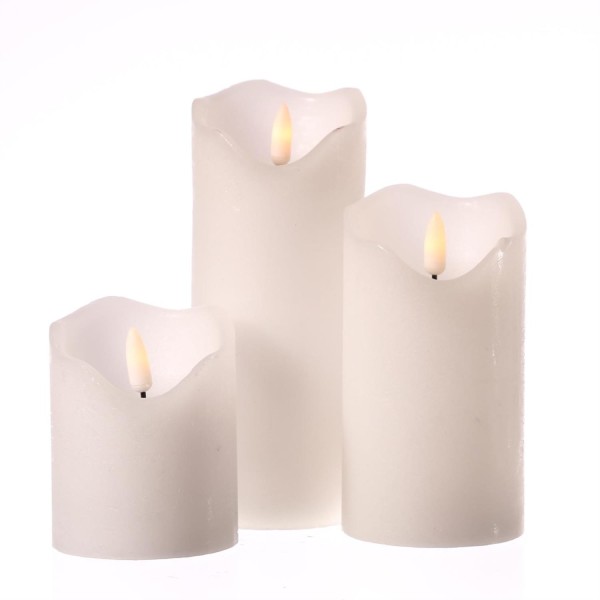 LED Kerzenset FLAMME - Rustik-Optik - Echtwachs - 3D Flamme - 3 Größen - Timer - weiß - 3er Set