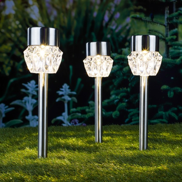 LED Solar Gartenleuchte/Wegleuchte "Kristall" - warmweiße LED - H: 34,5cm - 3er Set