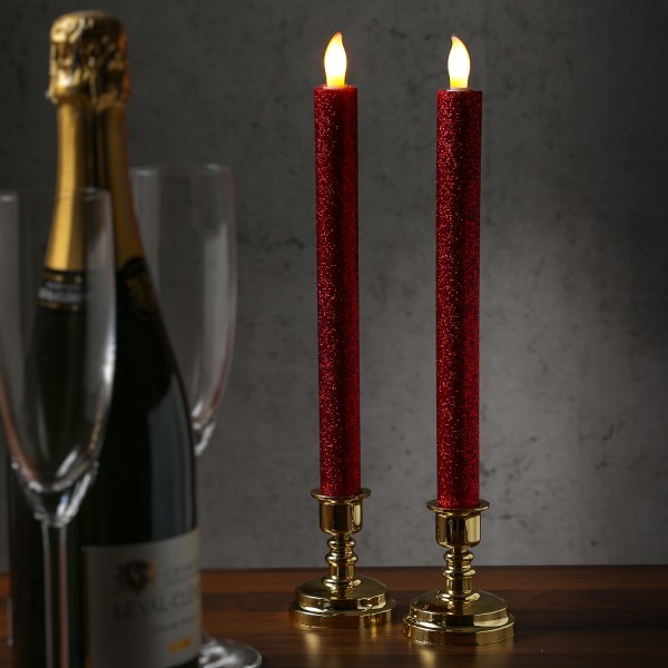 LED Stabkerzen - Echtwachs - goldener Standfuß - flackernde LED - H: 30cm - 2 Stück - rot glitzernd