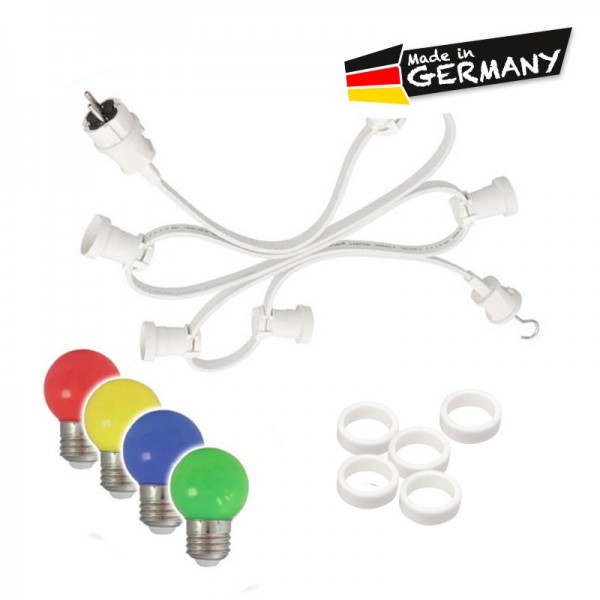 Illu-/Partylichterkette 10m | Außenlichterkette weiß | Made in Germany | 10 x bunte LED Kugellampen
