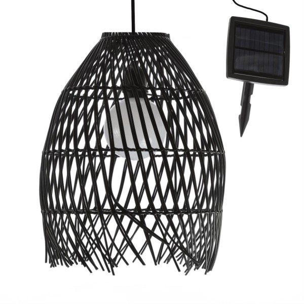 LED Solar Hängeleuchte BOHO - Lampenschirm in Korboptik - warmweiß - H: 36cm - Lichtsensor - schwarz