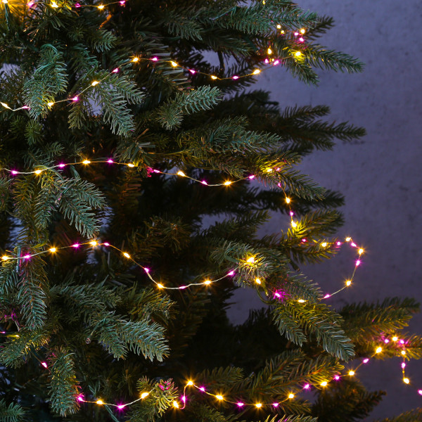 LED Drahtlichterkette Compact - 378 pink-/bernsteinfarbene LED - L: 6m - 8 Funkt. - Trafo - gold