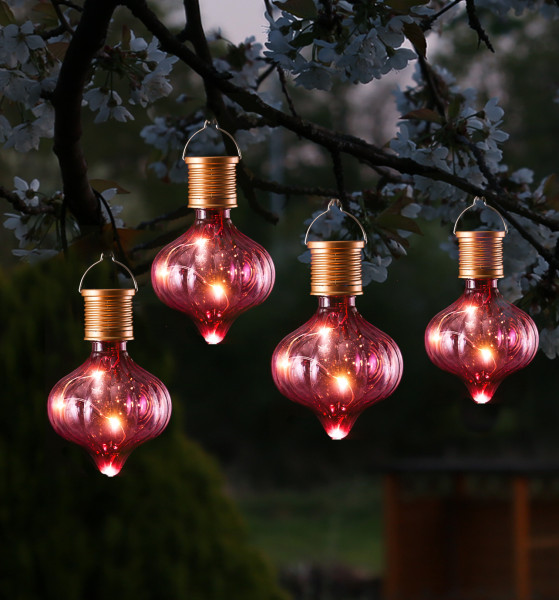 LED Solar Glühbirnen GLOW - Kugelleuchte - warmweiße LED Drahtlichterkette - H: 11,7cm - pink - 4St.