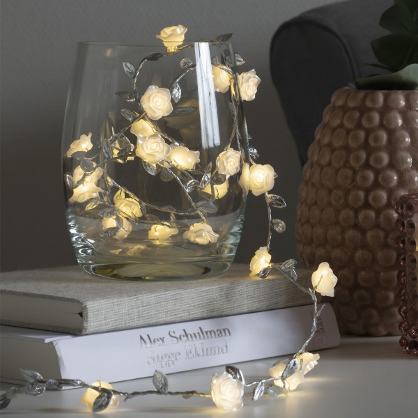 LED Lichterkette Rosen mit silbernen Blättern - 25 warmweiße LED - Batterie - Timer - L: 1,50m