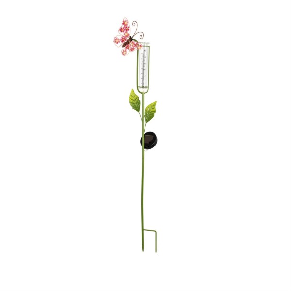 LED Solar Regenmesser Schmetterling - Gartenstecker - H: 98cm - Lichtsensor - rosa, grün