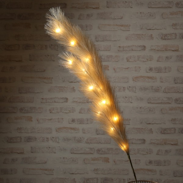 LED Zweig Federbüschel - Pampasgras - 15 warmweiße LED - H: 118cm - Timer - für Innen - khaki