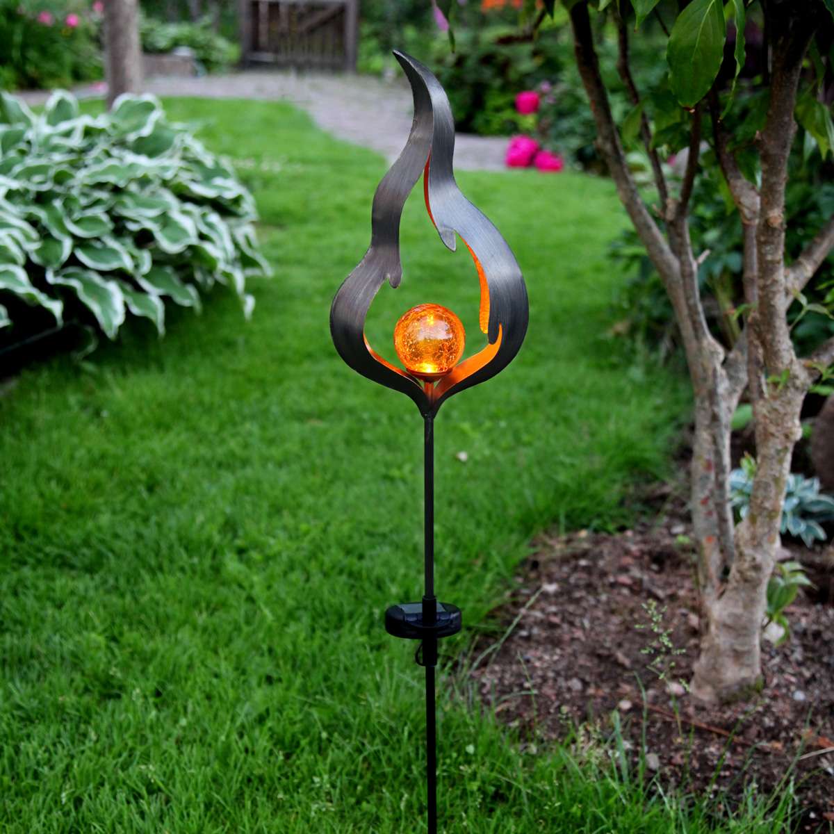 LED Solarstab "Feuer"- schwarz - amber LED - Glaskugel in Flamme - H