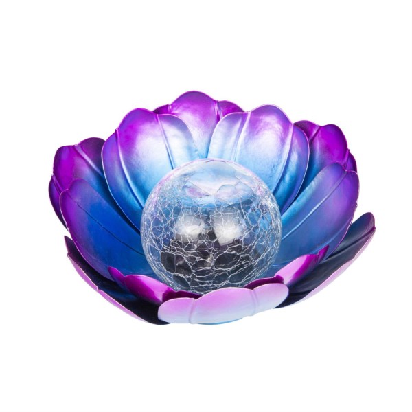 LED Solar Lotusblüte - Glaskugel in Crackle Optik - warmweiße LED - D: 25cm - Lichtsensor - lila