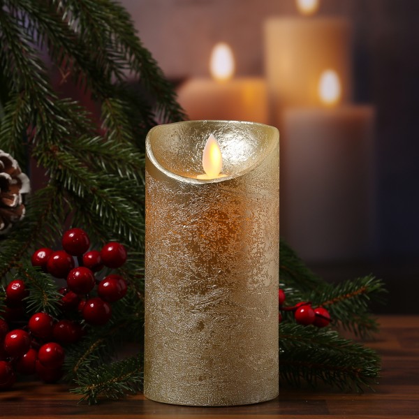 LED Kerze M-Twinkle - Echtwachs - bewegliche Flamme - Auspustfunktion - Timer - H: 15cm - gold