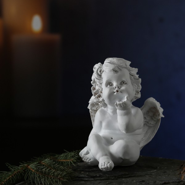 Engel mit Kusshand - Gartenfigur - Grabschmuck - H: 16cm - weiß