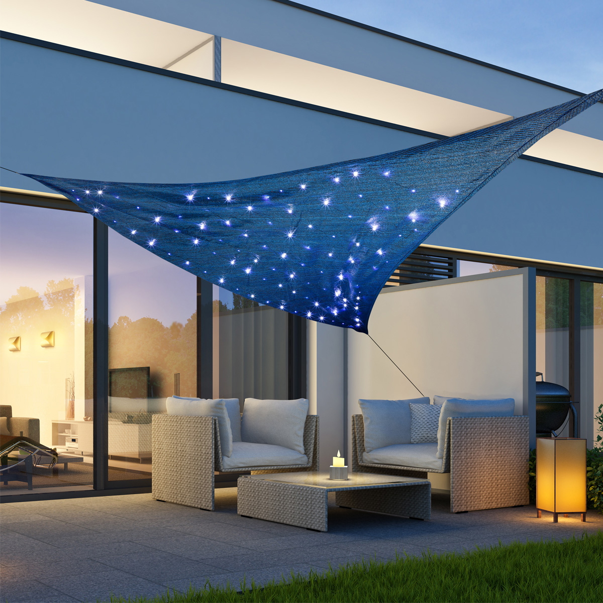 Solar Sonnensegel STERNENHIMMEL - kaltweiße LED - 3,6 x 3,6 x 3,6m - UV