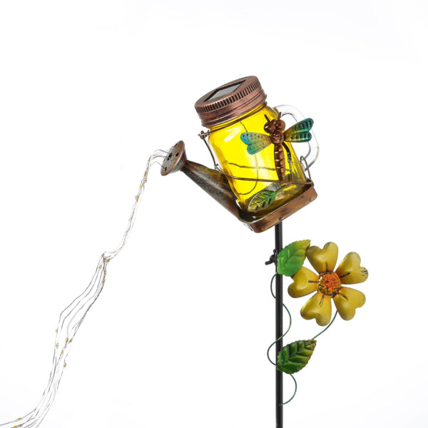 LED Solar Gießkanne mit Wasserfall Lichterkette - Gelbes Solarglas mit Libelle - H: 80cm - Sensor