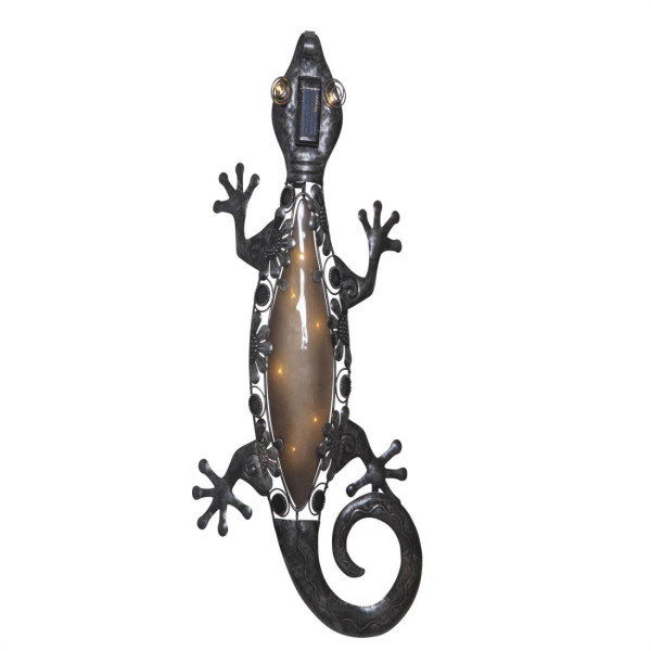 LED Solar Wanddeko GECKO - 10 warmweiße LED - H: 52cm - Dämmerungssensor - schwarz