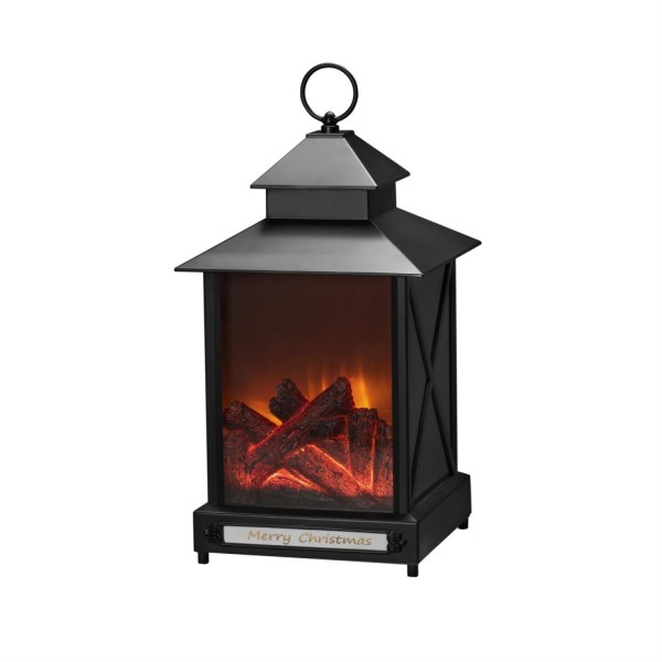 LED Kamin Laterne MERRY CHRISTMAS - flackernd - H: 42cm - B: 24,5cm - Timer - für Außen - schwarz