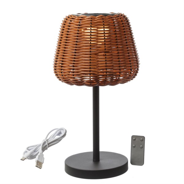 LED Garten Tischleuchte - in Rattanoptik - H: 45cm - dimmbar - aufladbar - mit Fernb. - hell braun