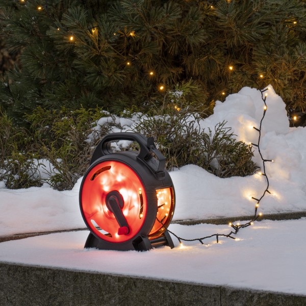 LED Lichterkette mit Kabelaufroller - 400 warmweiße LED - L:27,9m - Außen - Trafo - schwarz/rot