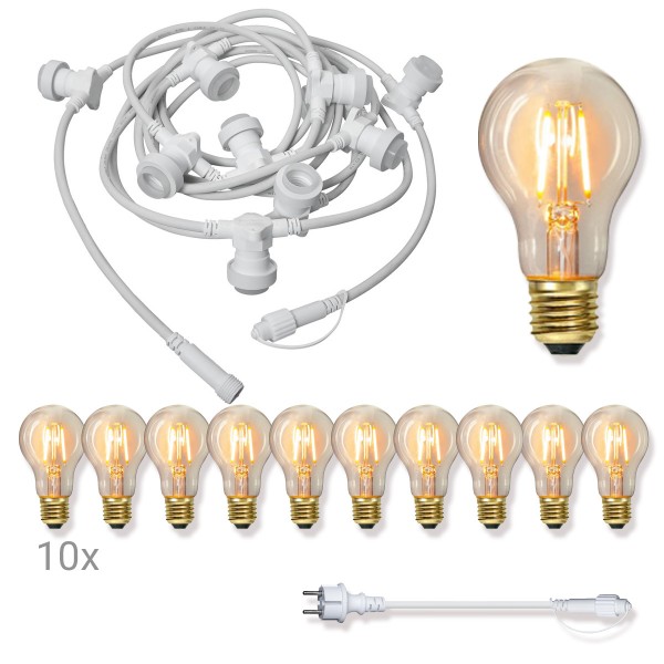 Komplettset CONNECTA WHITE - Lichterkette 7,35m+5m Zuleitung - 10 x Edison Leuchtmittel - IP44