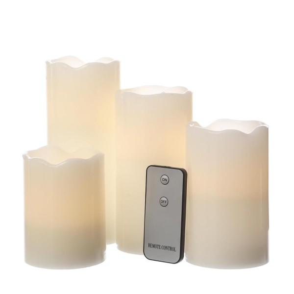 LED Kerzenset - Echtwachs - flackernde LED - 4 Größen - inklusive Fernbedienung - weiß - 4er Set