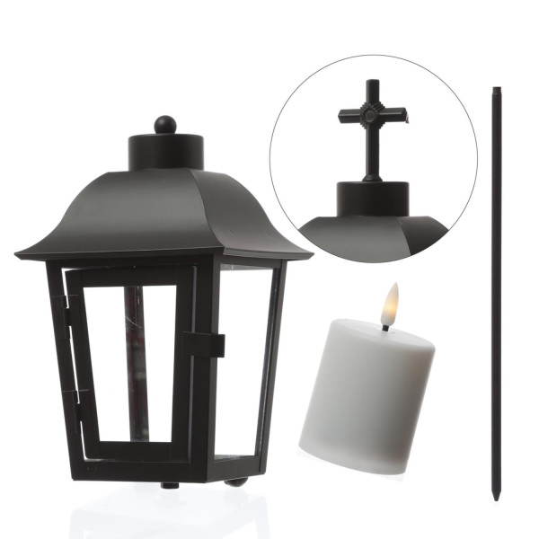 Grablaterne mit Mini LED Kerze - Grablampe mit 2 wechselbaren Spitzen/Erdspieß - H: 51cm - schwarz