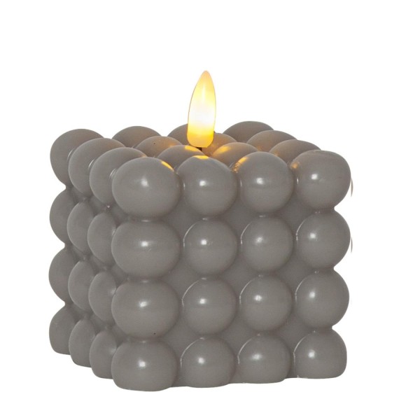 LED Kerze Bubble - Würfelkerze - Echtwachs - realistische 3D Flamme - H: 9,5cm - Timer - grau