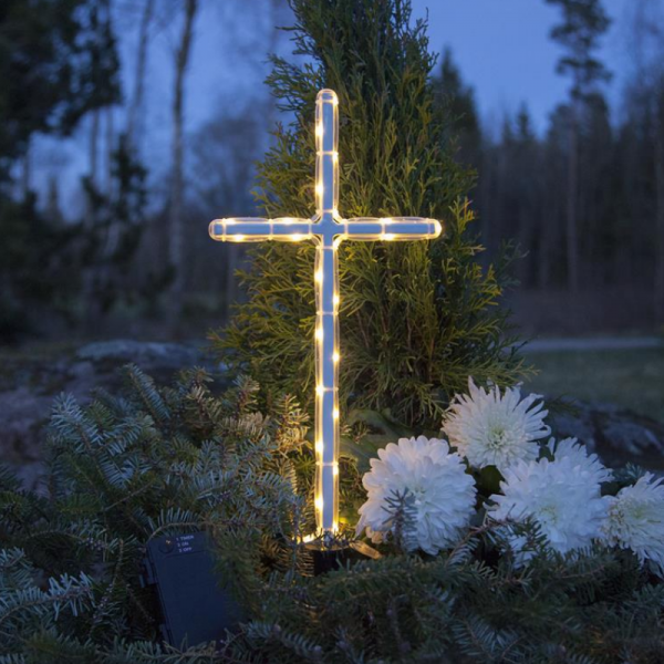 LED Grabkreuz 41cm - weißes Kreuz - 24 warmweiße LEDs - Batteriebox ca. 1 Monat/Satz - Timer