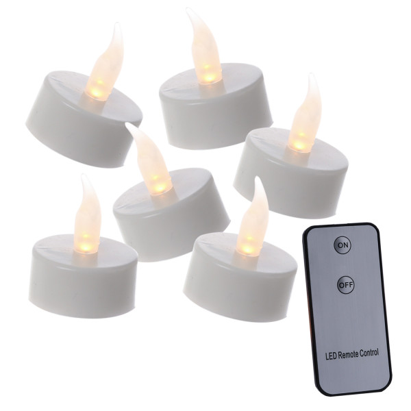 LED Teelichter - gelb flackernde Flamme - mit Fernbedienung - D: 3,8cm - weiß - 6er Set