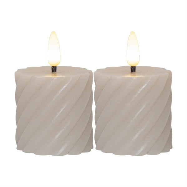 LED Stumpenkerze SWIRL - Echtwachs - warmweiße3D Flamme - H: 7,5cm - Timer - beige - 2er Set