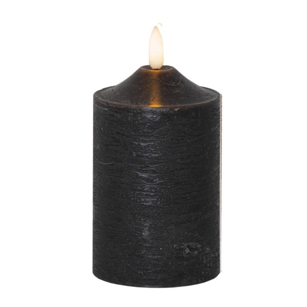 LED Stumpenkerze Flamme - Echtwachs - warmweiße 3D Flamme - H: 15cm - Batterie - Timer - schwarz