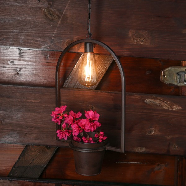 LED Hängeleuchte Blumentopf - beleuchteter Pflanztopf - H: 98cm - Batterie - für Außen - braun