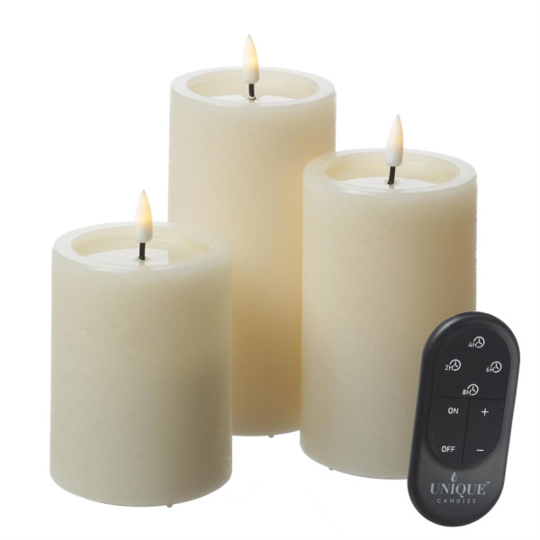 LED Kerzenset UNIQUE - Rustik-Optik - 3 Größen - mit Batterien/Fernbedienung - creme - 3er Set