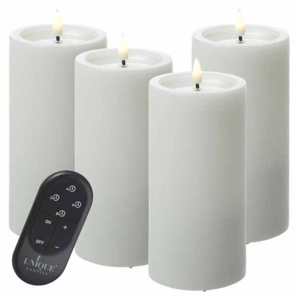 LED Kerzenset UNIQUE - Rustik-Optik - H: 15cm - mit Batterien und Fernbedienung - weiß - 4er Set