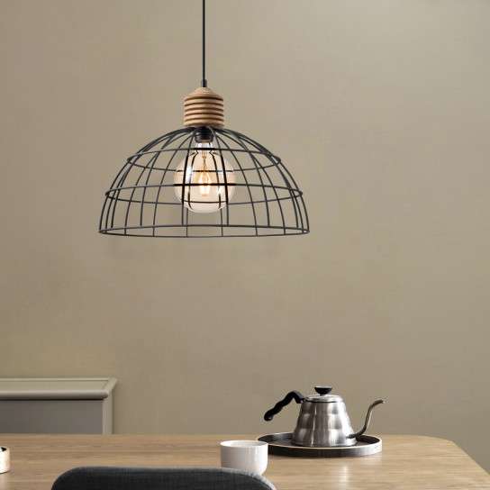 Pendelleuchte VINTO schwarz - Draht und Holz - E27 - 40cm Durchmesser