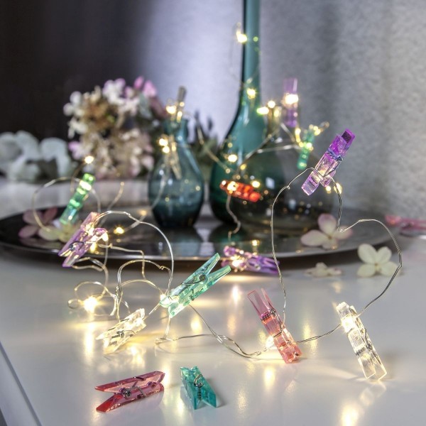 LED Clip Lichterkette - 16 bunte Wäscheklammern - 30 warmweiße LED - 2,9m - Batterie - Timer