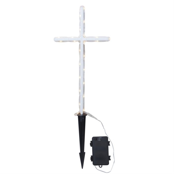 LED Grabkreuz 41cm - weißes Kreuz - 24 warmweiße LED - Batteriebox ca. 1 Monat/Satz - Timer