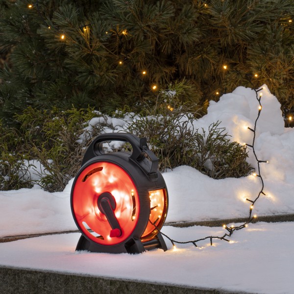 LED Lichterkette mit Kabelaufroller - 600 warmweiße LED - L: 41,9m - Außen - Trafo - schwarz/rot